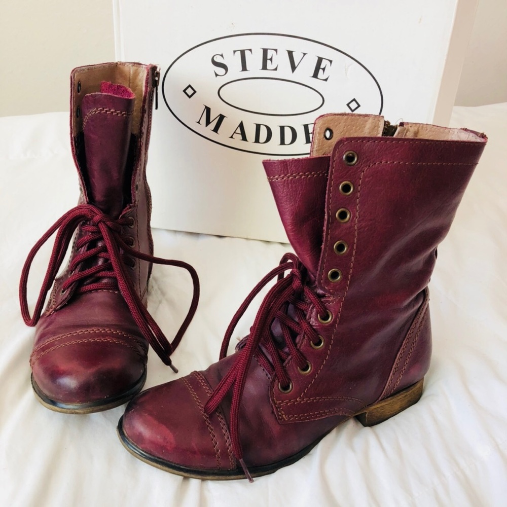 STEVE MADDEN WINE LEATHER LACE-UP COMBAT BOOTS